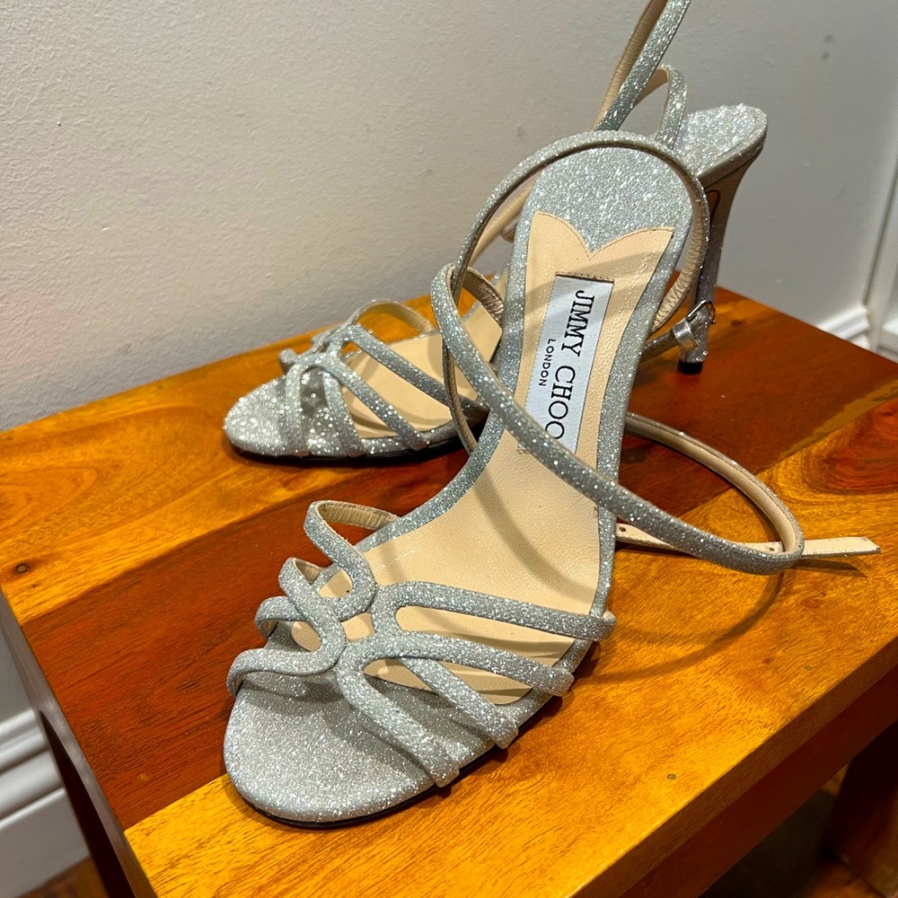 Jimmy Choo mimi sandals silver sparkly Size 37.5 US 7.5